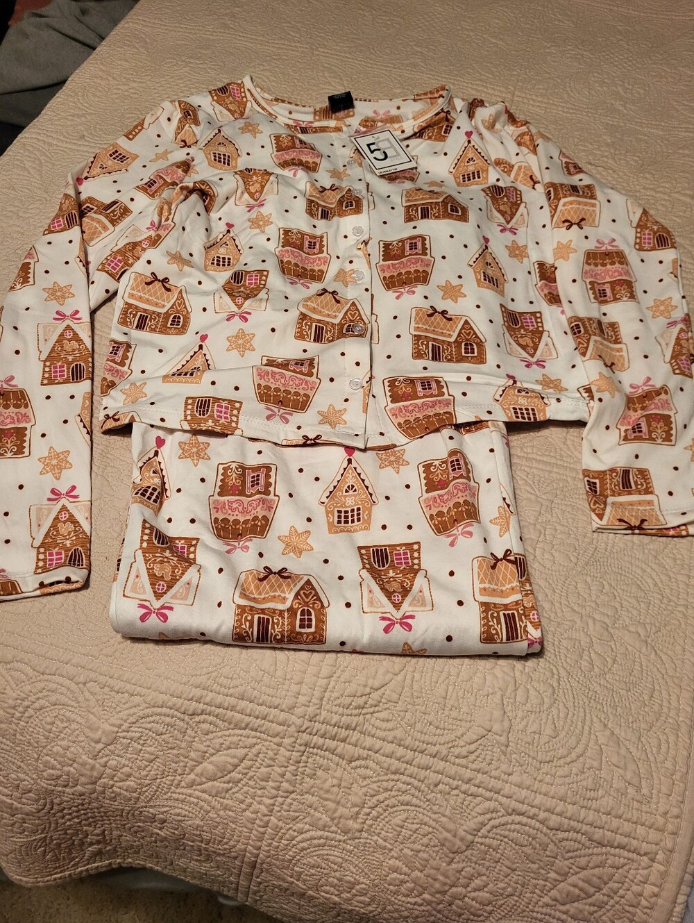 Womens Gingerbread House Print Pajama Set - White and Brown